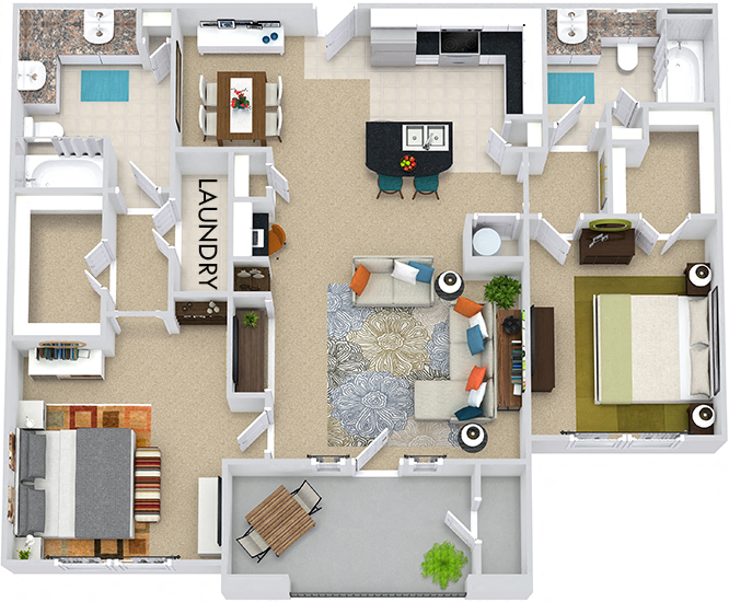 Floor plan for 2 beds, 2 baths, 1201 sqft